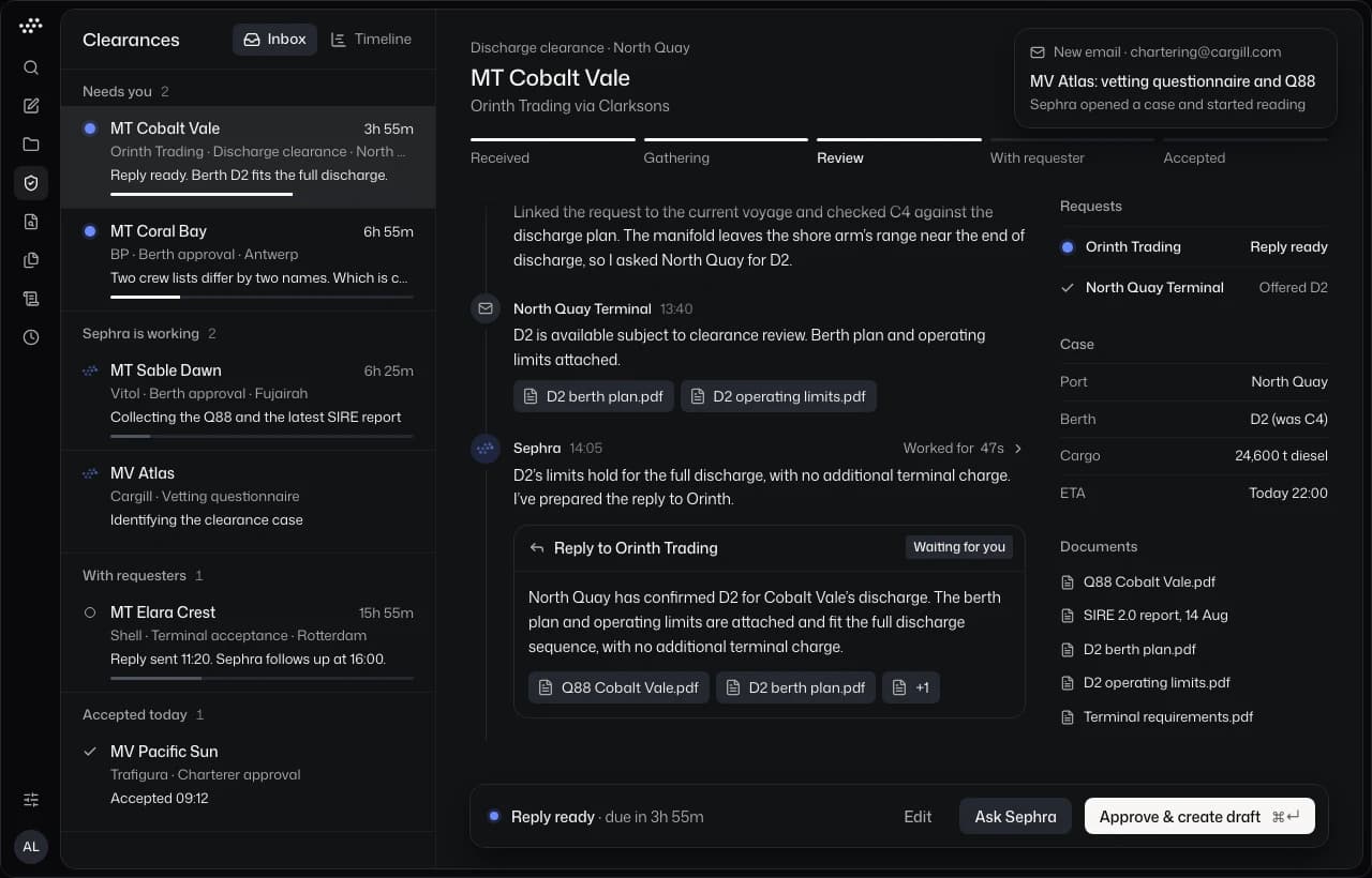 The Clearances inbox: Sephra finishes MT Cobalt Vale’s reply, a new case opens for MV Atlas, and the reply is approved, drafted in Outlook and sent.