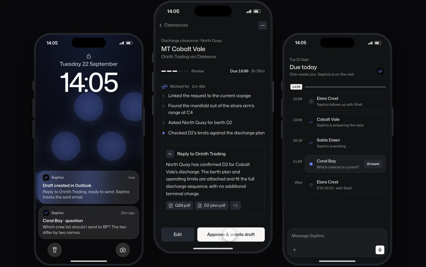 Three phones: approving Cobalt Vale’s reply from a lock-screen notification, the case with what Sephra did and the reply, and the day’s agenda after the draft is created.