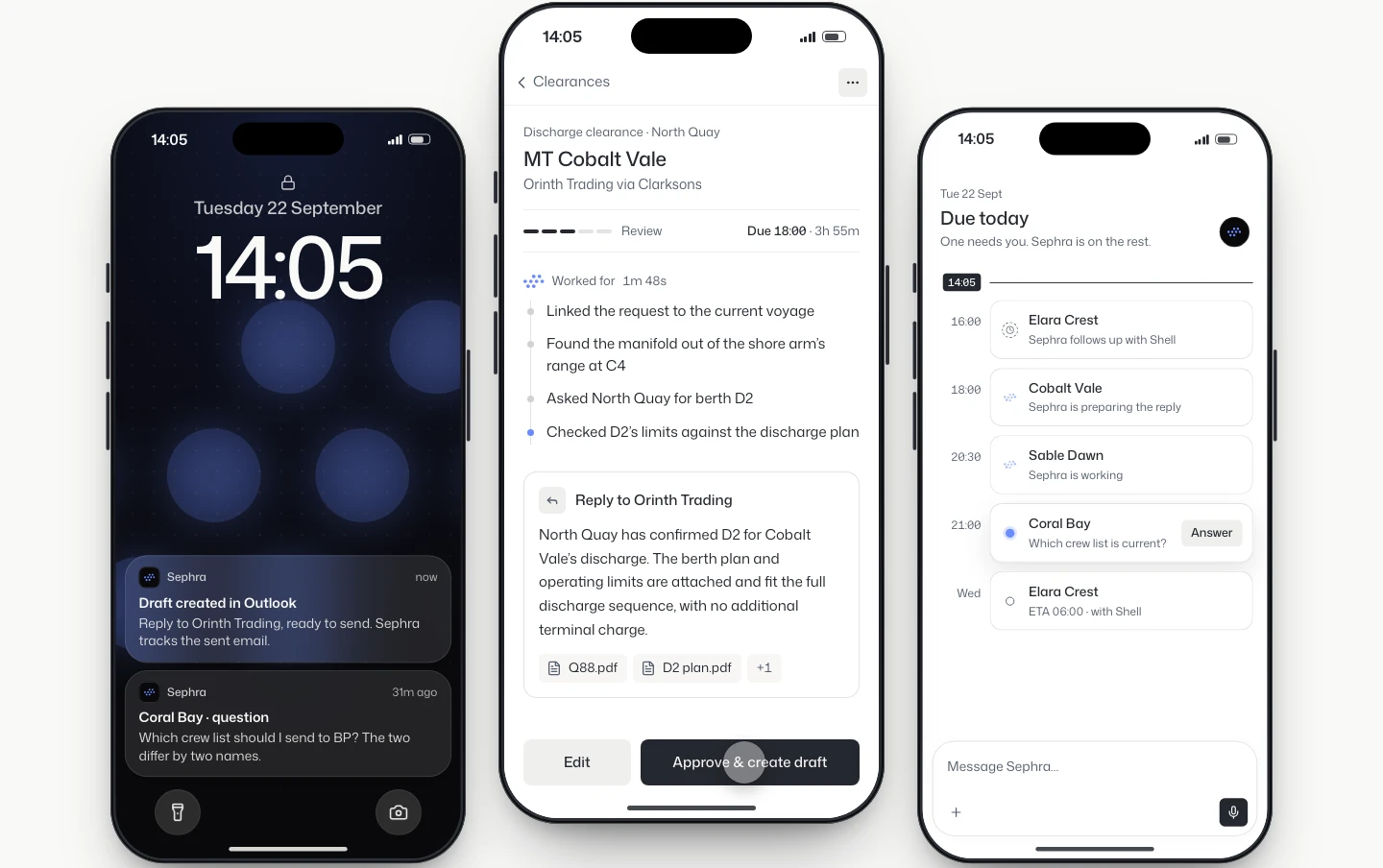 Three phones: approving Cobalt Vale’s reply from a lock-screen notification, the case with what Sephra did and the reply, and the day’s agenda after the draft is created.